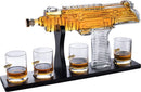 Uzi Submachine Gun Whiskey Gun Decanter and 4 Liquor Glasses