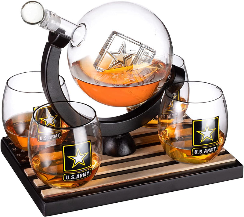 Army Globe Whiskey Decanter Set & 4 Liquor Glasses - Whisky Decanter & Glass Set with Wood Base and 9 Whiskey Stone - Father's Day US Army Licensed Gifts for Men - Bourbon Scotch Military Veteran Gift