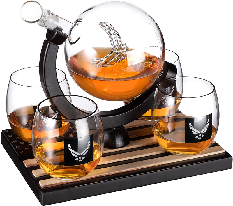 Airforce Whiskey Decanter Set with 4 Liquor Glasses Air Force Whisky Decanter & Glass Set with Wood Base & 9 Whiskey Stones - US Airforce Gifts for Men - Globe Bourbon & Scotch Gifts for Dad