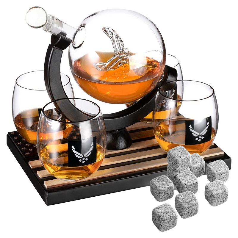 Airforce Whiskey Decanter Set with 4 Liquor Glasses Air Force Whisky Decanter & Glass Set with Wood Base & 9 Whiskey Stones - US Airforce Gifts for Men - Globe Bourbon & Scotch Gifts for Dad