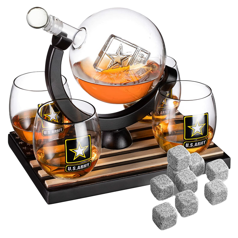 Army Globe Whiskey Decanter Set & 4 Liquor Glasses - Whisky Decanter & Glass Set with Wood Base and 9 Whiskey Stone - Father's Day US Army Licensed Gifts for Men - Bourbon Scotch Military Veteran Gift