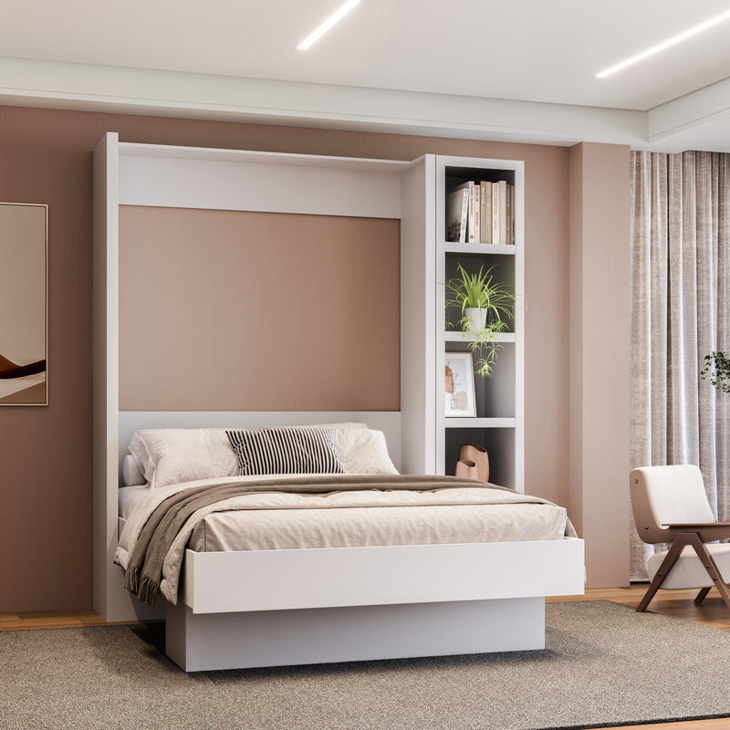 Easy-Lift Full Murphy Wall Bed in White with Bookshelf