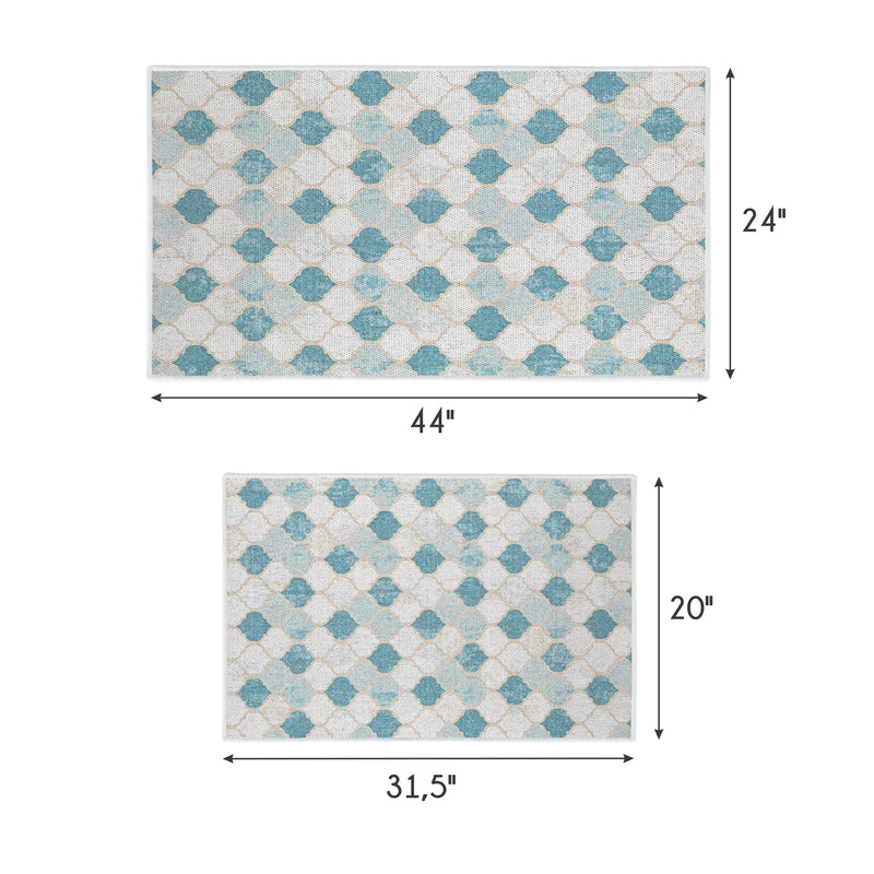 Moroccan Design Non Skid Washable Kitchen Runner Rugs Set of 2| 44 x 24 and 31.5 x 20 Inches Floor Mats |Beige&Blue