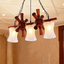 GobekUsa Classic Cream Crackle Glass 3-Light Brown Pendant Light Kit for Dining Room Island with Flared Design and Wood Rudder Deco