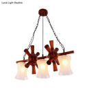GobekUsa Classic Cream Crackle Glass 3-Light Brown Pendant Light Kit for Dining Room Island with Flared Design and Wood Rudder Deco