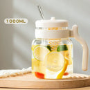 Clear 1000ml glass tumbler with handle and straw kitchen water bottle by Decorbites