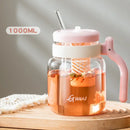 Clear 1000ml glass tumbler with handle and straw kitchen water bottle by Decorbites