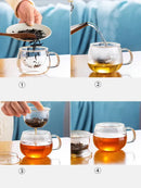 Clear glass floral tea cup with filter and lid kitchen teaware by Decorbites