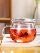 Clear glass floral tea cup with filter and lid kitchen teaware by Decorbites