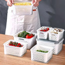Clear white fridge storage containers with drain basket for kitchen by Decorbites