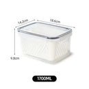 Clear white fridge storage containers with drain basket for kitchen by Decorbites
