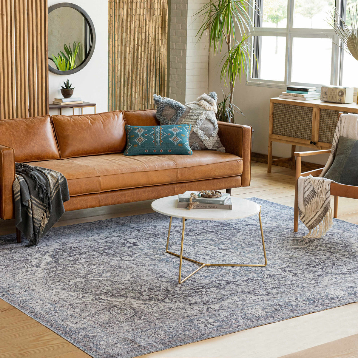 Tavas Blue Medallion Washable Rug, installed in a room
