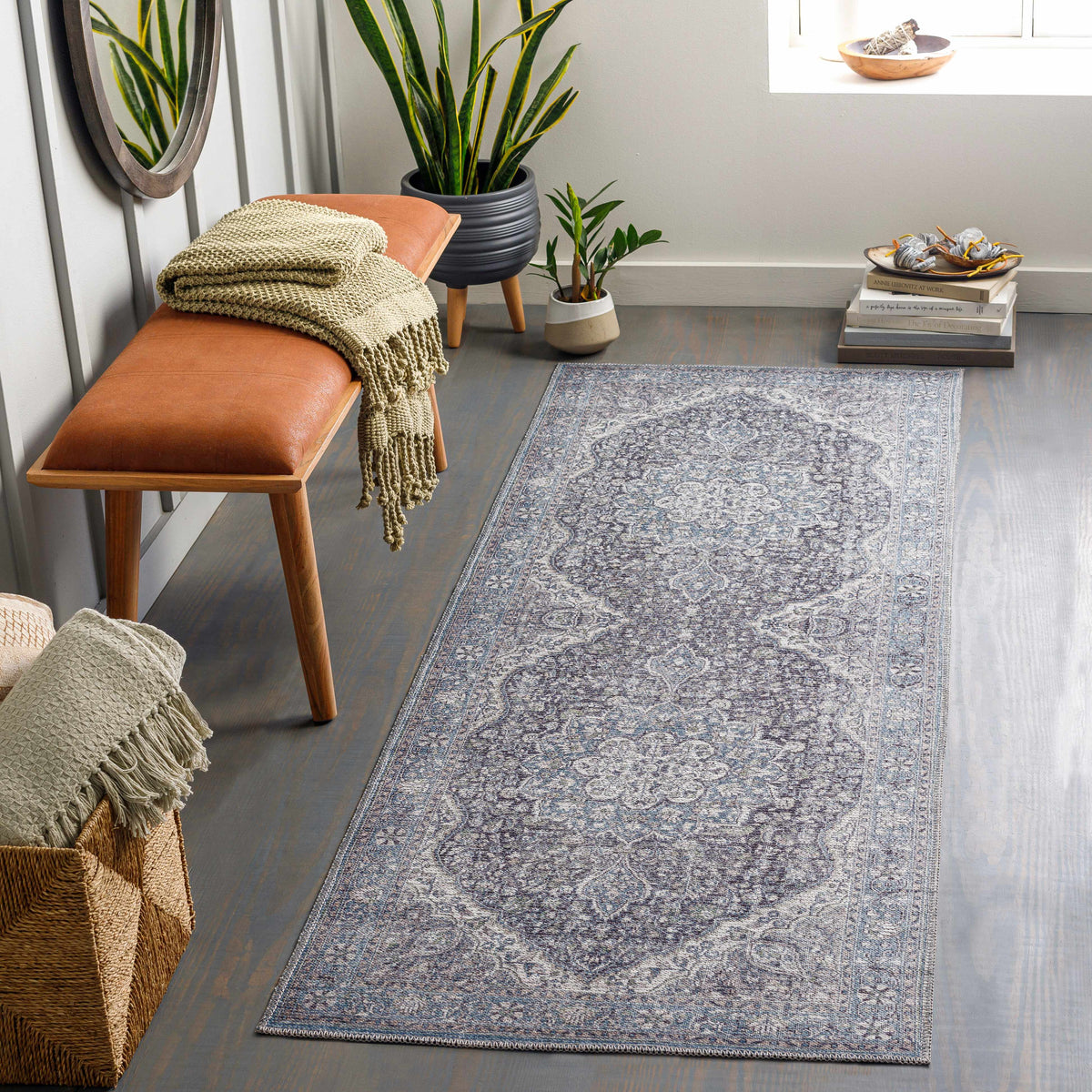 Tavas Blue Medallion Washable Rug, installed in a room