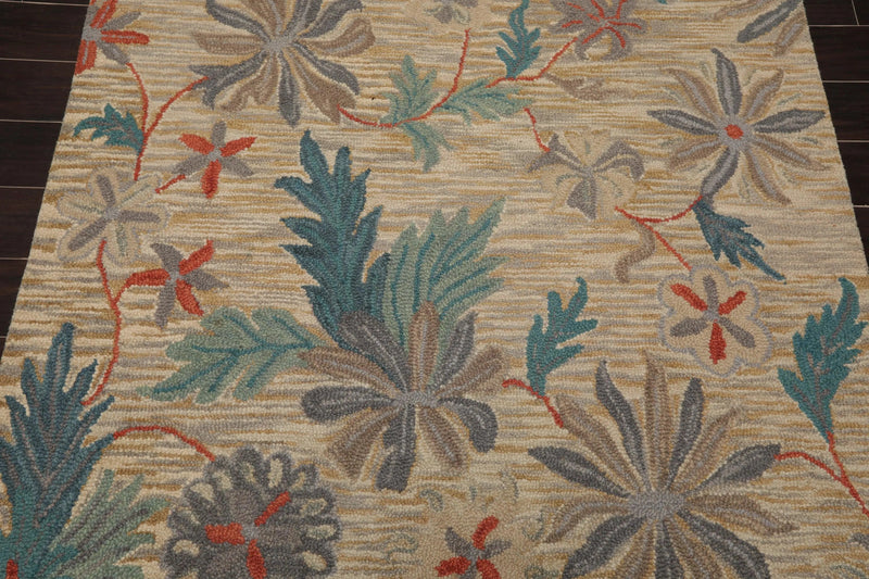 5x8 Beige Handmade Wool Loop Pile Floral Traditional Oriental Area Rug