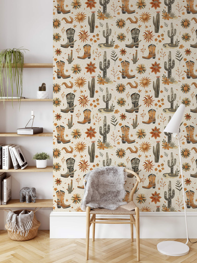 Desert Cactus and Cowboy Boots Wallpaper