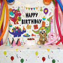 Colorful cartoon animal birthday wall tapestry bedroom backdrop by Decorbites