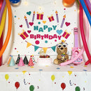 Colorful cartoon animal birthday wall tapestry bedroom backdrop by Decorbites