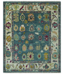 Colorful Teal, Ivory, Purple and Mustard Hand Knotted Traditional Oushak 8x10 wool Area Rug by The Rug Decor