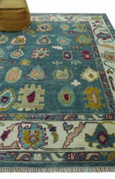 Colorful Teal, Ivory, Purple and Mustard Hand Knotted Traditional Oushak 8x10 wool Area Rug by The Rug Decor