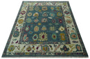 Colorful Teal, Ivory, Purple and Mustard Hand Knotted Traditional Oushak 8x10 wool Area Rug by The Rug Decor