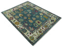 Colorful Teal, Ivory, Purple and Mustard Hand Knotted Traditional Oushak 8x10 wool Area Rug by The Rug Decor