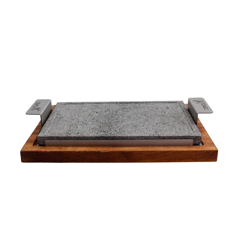 Comal Grill and Serve - 7.9 x 11.8 Inches Volcanic Stone with Stainless Steel Handle Includes Wooden Base