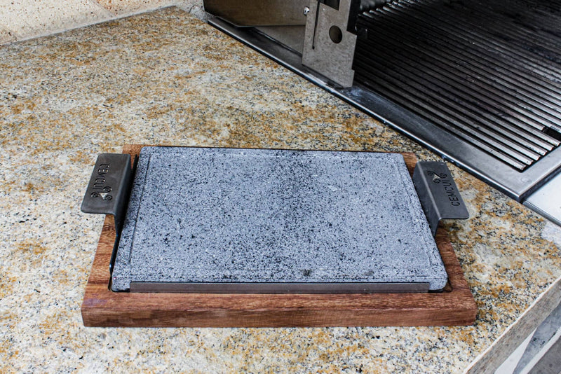 Comal Grill and Serve - 7.9 x 11.8 Inches Volcanic Stone with Stainless Steel Handle Includes Wooden Base