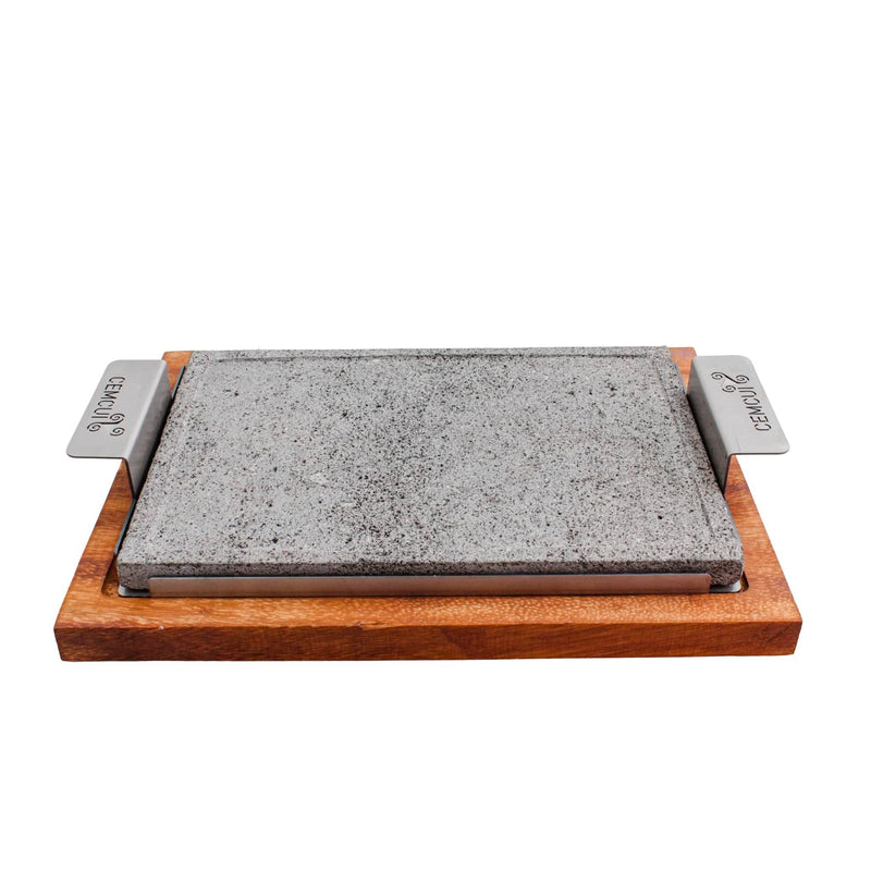 Comal Grill and Serve - 7.9 x 11.8 Inches Volcanic Stone with Stainless Steel Handle Includes Wooden Base