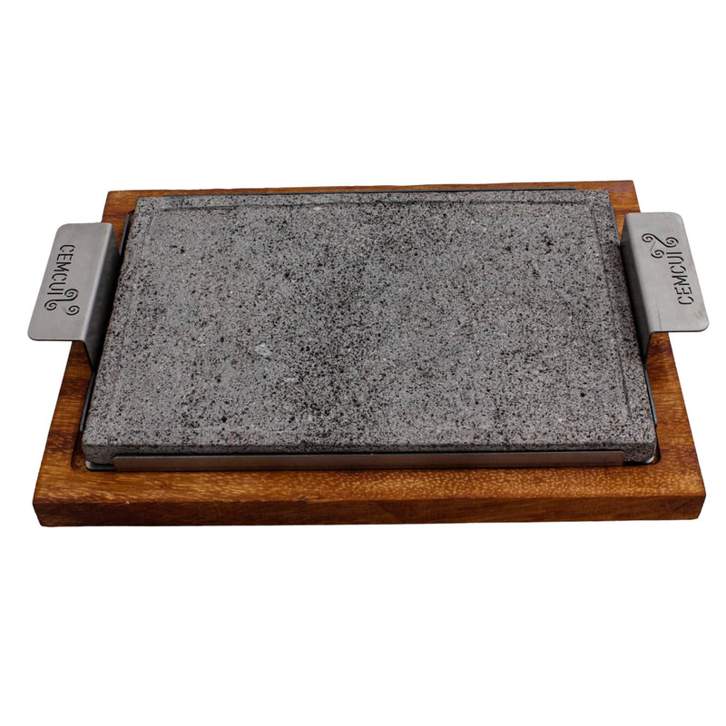 Comal Grill and Serve - 7.9 x 11.8 Inches Volcanic Stone with Stainless Steel Handle Includes Wooden Base