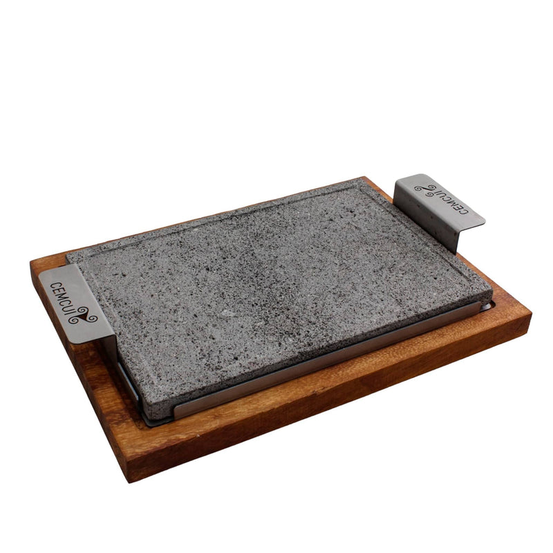 Comal Grill and Serve - 7.9 x 11.8 Inches Volcanic Stone with Stainless Steel Handle Includes Wooden Base