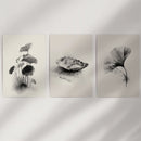 Minimalist Japanese Set of 3 Prints. Black and White Flowers Decor by Wall Art Set