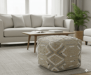 Contemporary Beige, Ivory and Gray Hand Woven Jute and wool Pouf