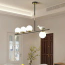 GobekUsa Contemporary Linear/Branch Dining Room Island Lamp - Cream Glass Ball, 4 Heads, Hanging Pendant with Bird Deco (Black-Gold)
