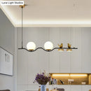 GobekUsa Contemporary Linear/Branch Dining Room Island Lamp - Cream Glass Ball, 4 Heads, Hanging Pendant with Bird Deco (Black-Gold)