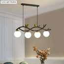 GobekUsa Contemporary Linear/Branch Dining Room Island Lamp - Cream Glass Ball, 4 Heads, Hanging Pendant with Bird Deco (Black-Gold)