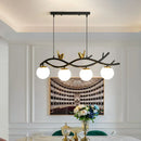 GobekUsa Contemporary Linear/Branch Dining Room Island Lamp - Cream Glass Ball, 4 Heads, Hanging Pendant with Bird Deco (Black-Gold)