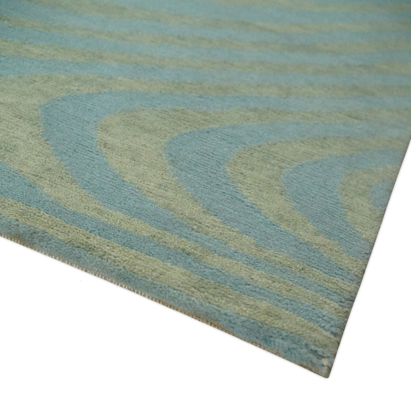 Contemporary Blue and Green 5x8 Hand Knotted Wool Area Rug