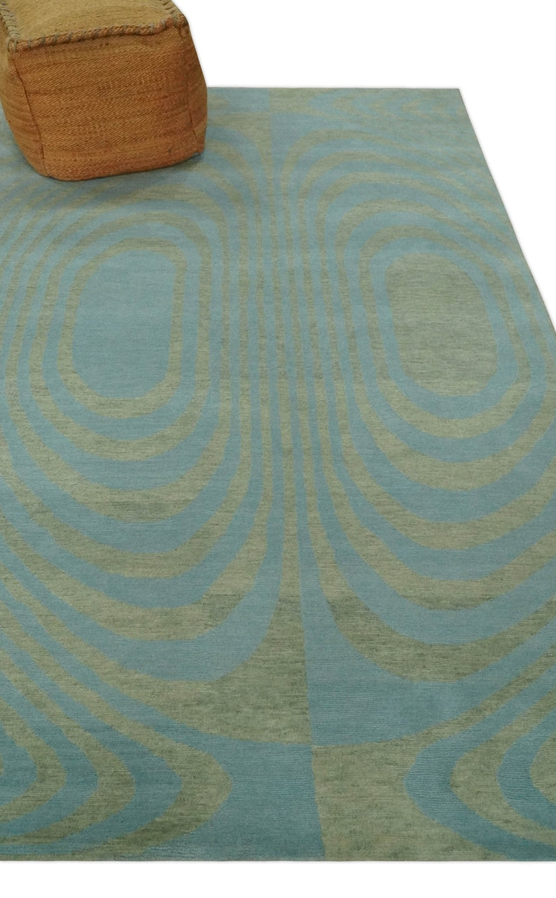 Contemporary Blue and Green 5x8 Hand Knotted Wool Area Rug