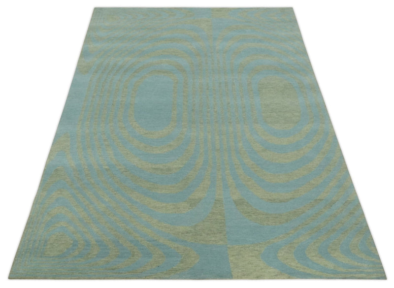 Contemporary Blue and Green 5x8 Hand Knotted Wool Area Rug