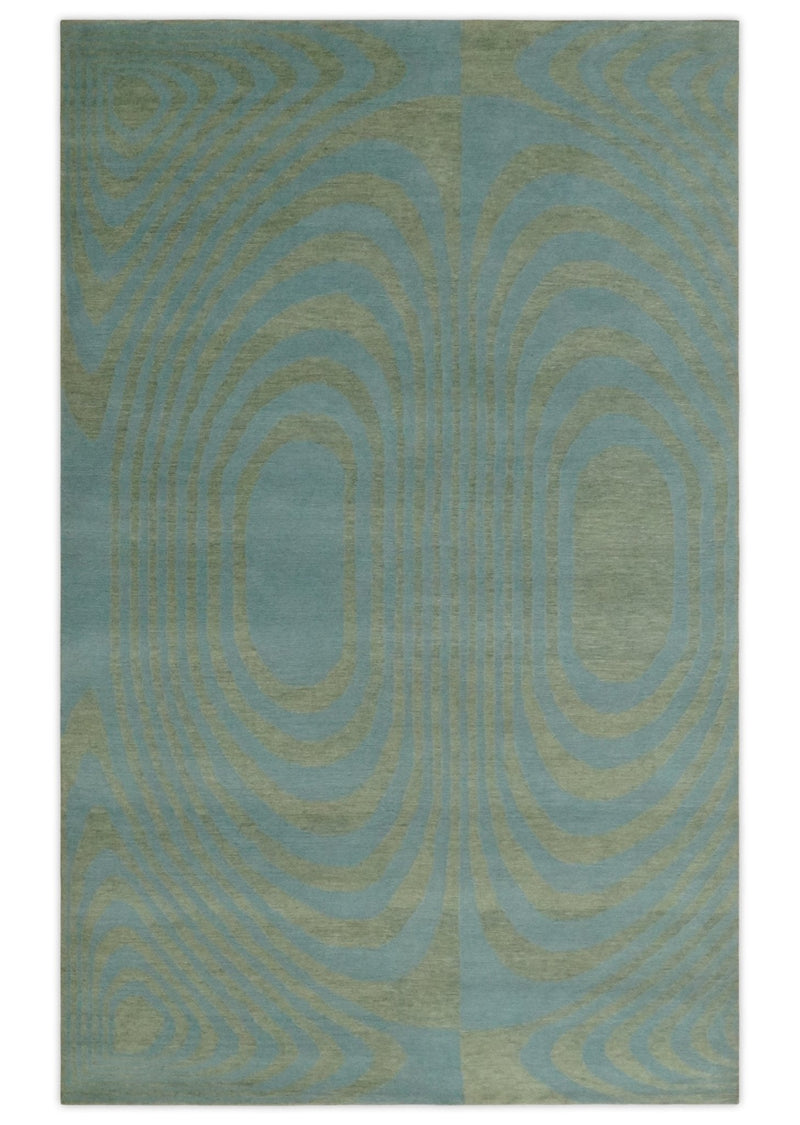 Contemporary Blue and Green 5x8 Hand Knotted Wool Area Rug