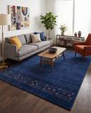 Blue Contemporary Hand Loomed Wool Area Rug with Red and Yellow Accents by The Rug Decor