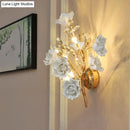 GobekUsa Contemporary Gold Crystal Wall Lamp with Teardrop Faceted Design and Ceramic Flower Accents - 3 Bulb Wall Light Fixture