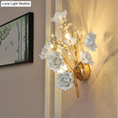 GobekUsa Contemporary Gold Crystal Wall Lamp with Teardrop Faceted Design and Ceramic Flower Accents - 3 Bulb Wall Light Fixture