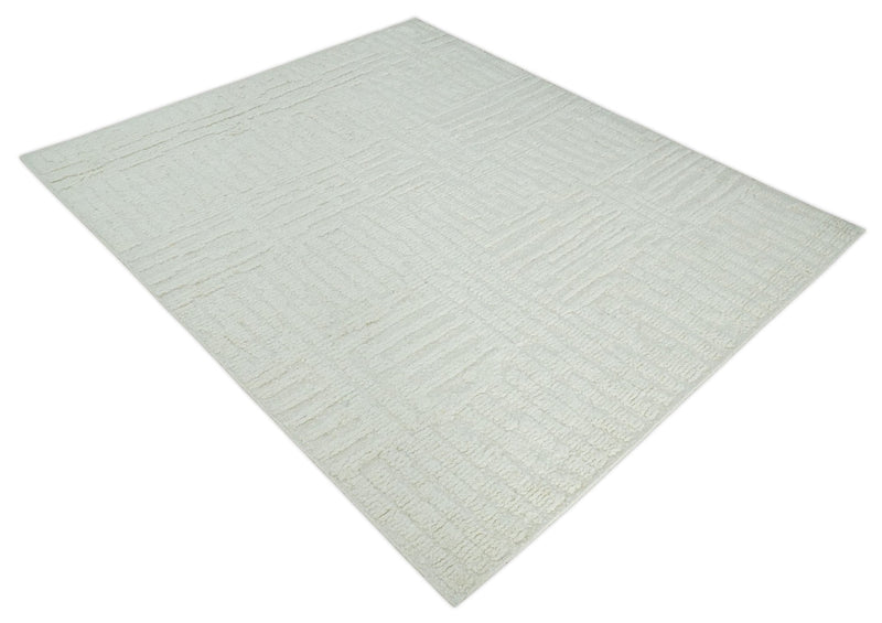 Contemporary High Low texture Hand knotted Ivory 8.6x9.10 wool Area Rug