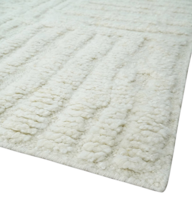 Contemporary High Low texture Hand knotted Ivory 8.6x9.10 wool Area Rug