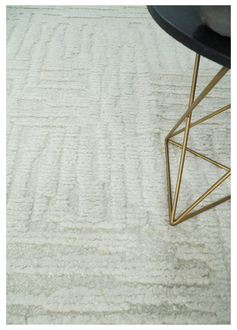 Contemporary High Low texture Hand knotted Ivory 8.6x9.10 wool Area Rug