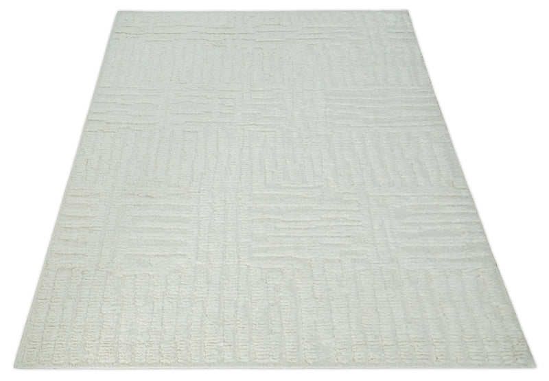Contemporary High Low texture Hand knotted Ivory 8.6x9.10 wool Area Rug