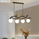 GobekUsa Contemporary Linear/Branch Dining Room Island Lamp - Cream Glass Ball, 4 Heads, Hanging Pendant with Bird Deco (Black-Gold)