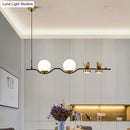 GobekUsa Contemporary Linear/Branch Dining Room Island Lamp - Cream Glass Ball, 4 Heads, Hanging Pendant with Bird Deco (Black-Gold)