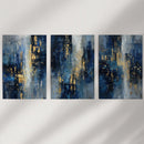 Navy Blue and Gold Triptych. Sparkle Oil Painting Prints by Wall Art Set